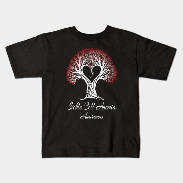 Sickle Cell Anemia Awareness Red Ribbon Tree With Heart Kids T-Shirt by MerchAndrey